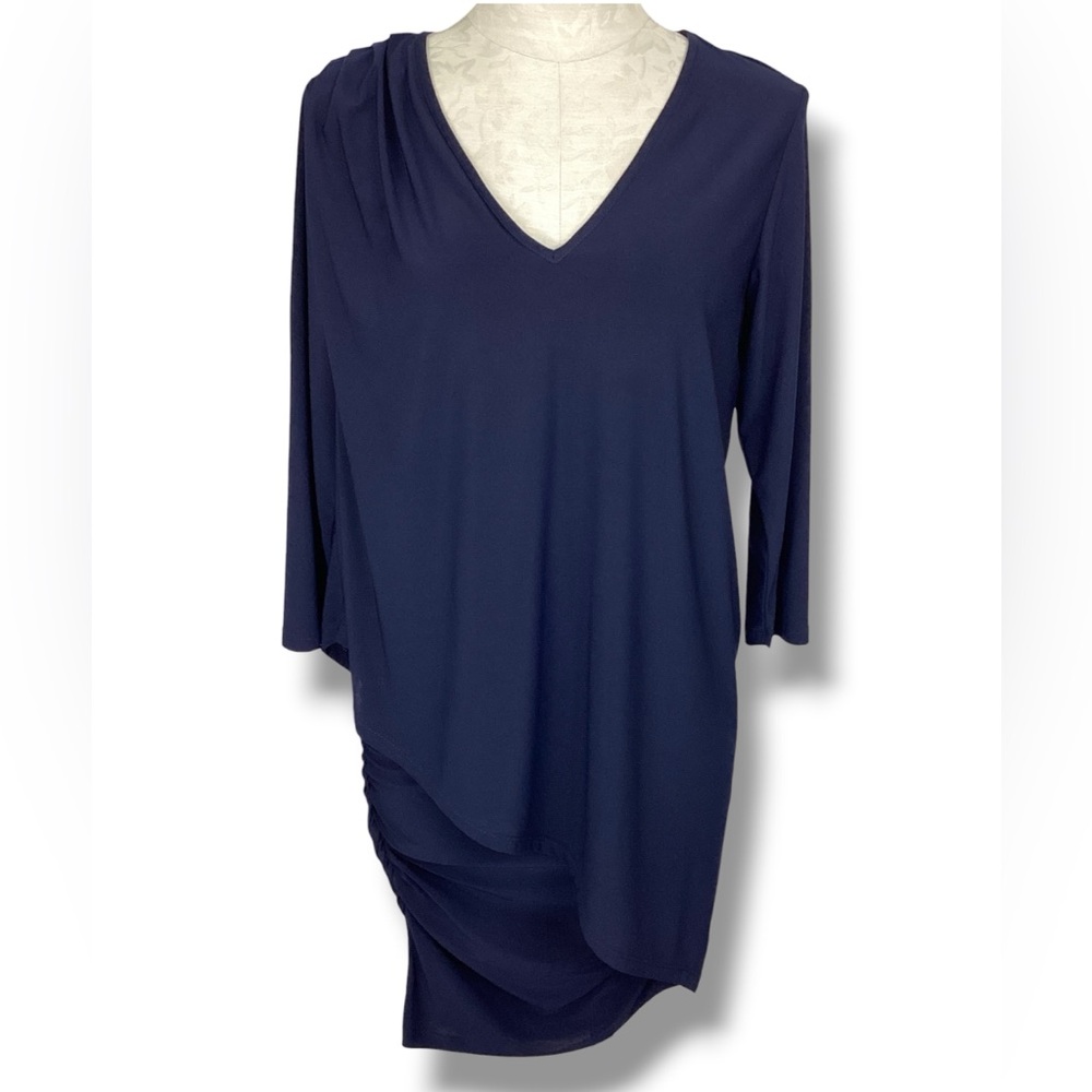 Last Tango 3/4 Sleeve Versatile Tunic Dress Ruched Navy Blue V neck